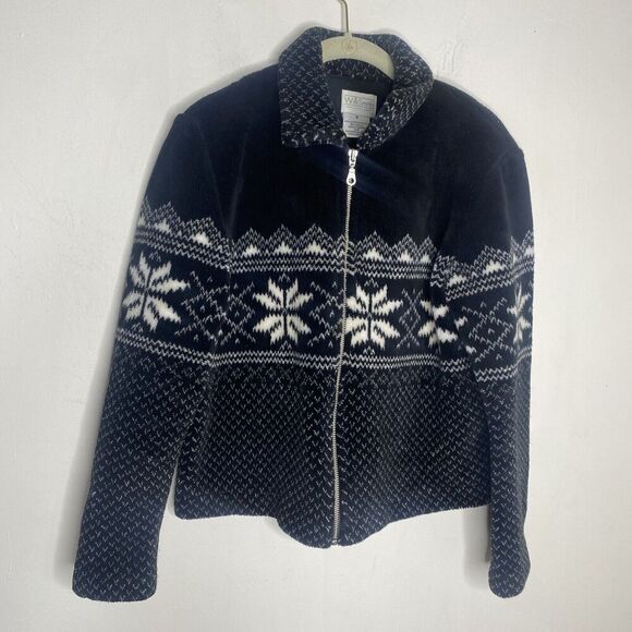 Willi Smith Vintage Black Winter Fuzzy Snowflake Zip Jacket Size Small Cropped - Picture 1 of 10